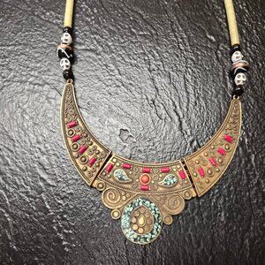 VTG Tribal Brass Crescent Necklace Turquoise Mosaic & Skull Beads Neo-Shamanic
